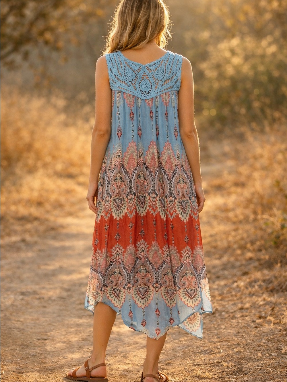 Studio by JPR Blue and Coral Crochet Yoke Midi Dress - Picture 2 of 12